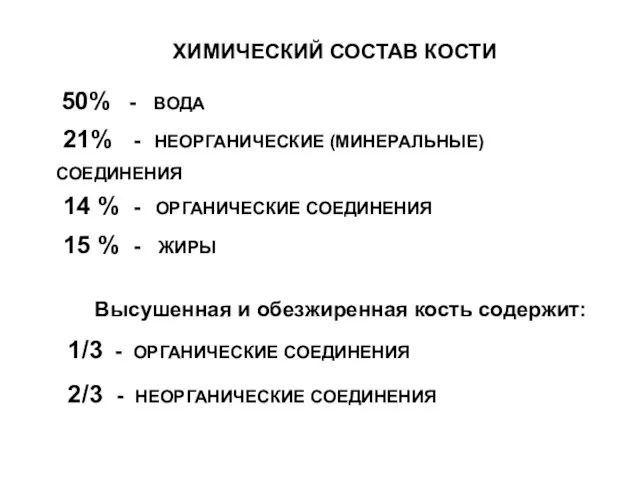 ХИМИЧЕСКИЙ СОСТАВ КОСТИ 50% - ВОДА 21% - НЕОРГАНИЧЕСКИЕ (МИНЕРАЛЬНЫЕ) СОЕДИНЕНИЯ 14