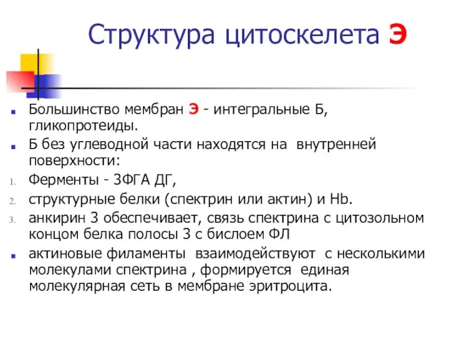 Структура цитоскелета Э Большинство мембран Э - интегральные Б, гликопротеиды. Б без