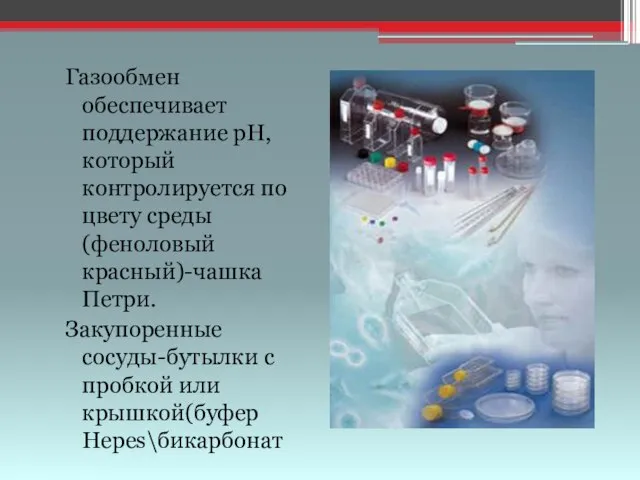 Газообмен обеспечивает поддержание рН, который контролируется по цвету среды(феноловый красный)-чашка Петри. Закупоренные