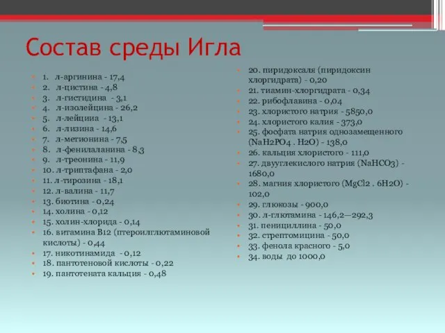 Состав среды Игла 1. л-аргинина - 17,4 2. л-цистина - 4,8 3.