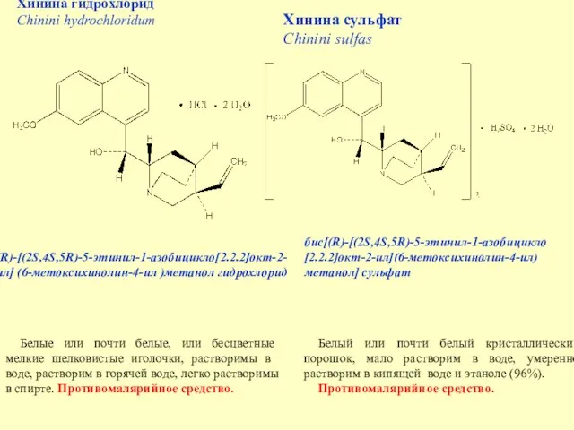 Хинина гидрохлорид Chinini hydrochloridum (R)-[(2S,4S,5R)-5-этинил-1-азобицикло[2.2.2]окт-2-ил] (6-метоксихинолин-4-ил )метанол гидрохлорид Хинина сульфат Chinini sulfas