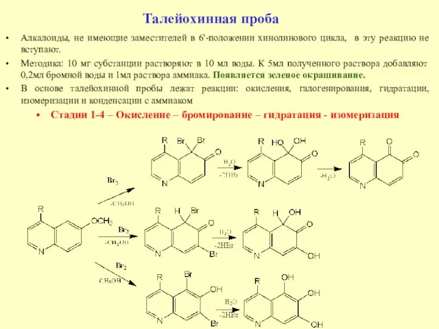 Талейохинная проба Алкалоиды, не имеющие заместителей в 6'-положении хинолинового цикла, в эту