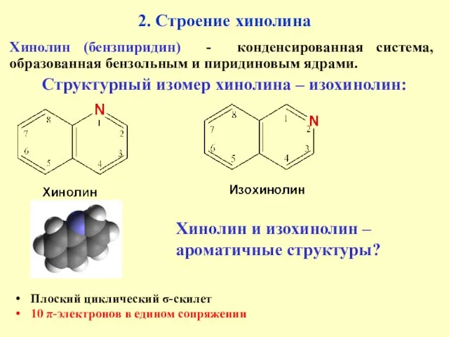 2. Строение хинолина Хинолин (бензпиридин) - конденсированная система, образованная бензольным и пиридиновым