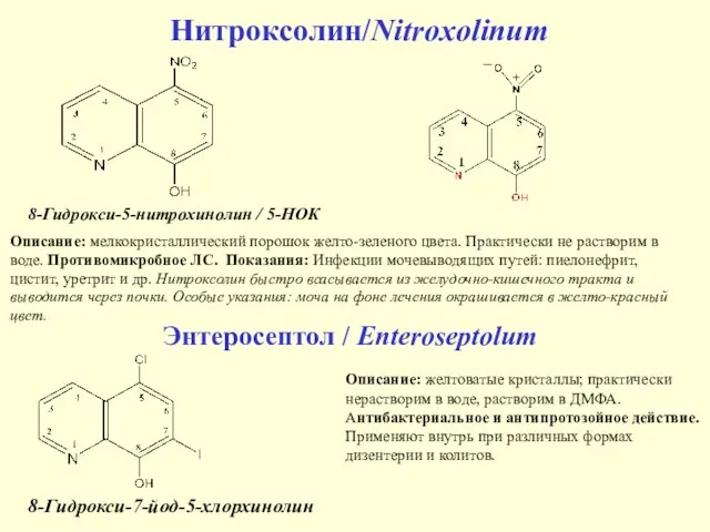 Нитроксолин/Nitroxolinum Описание: мелкокристаллический порошок желто-зеленого цвета. Практически не растворим в воде. Противомикробное