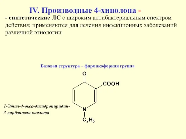 IV. Производные 4-хинолона - Базовая структура – фармакофорная группа 1-Этил-4-оксо-дигидропиридин- 3-карбоновая кислота