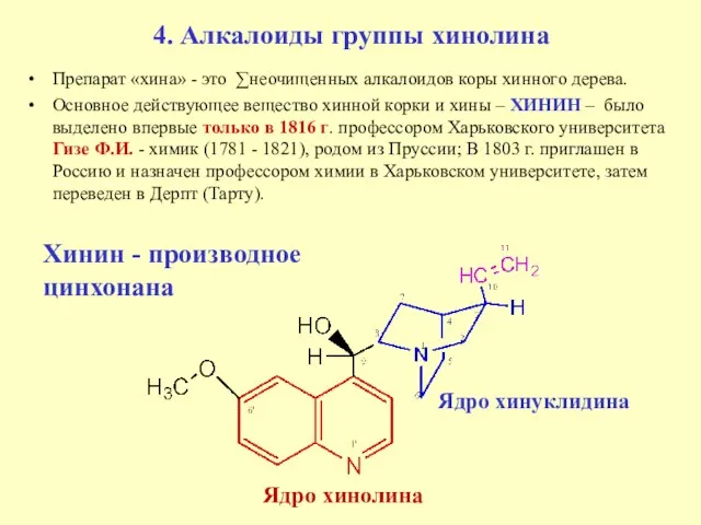 4. Алкалоиды группы хинолина Препарат «хина» - это ∑неочищенных алкалоидов коры хинного