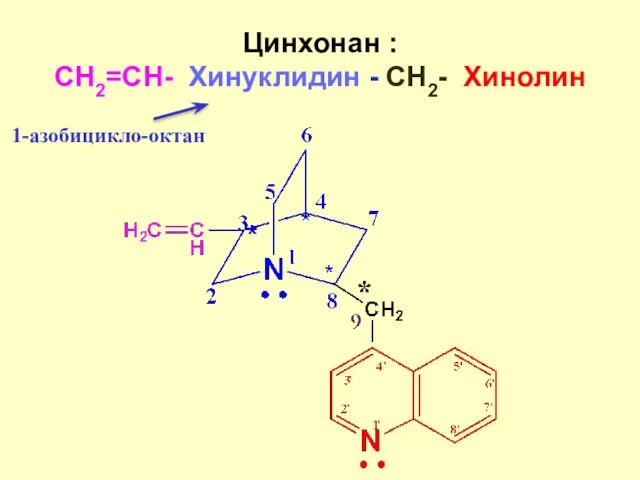 Цинхонан : CH2=CH- Хинуклидин - СH2- Хинолин * 1-азобицикло-октан