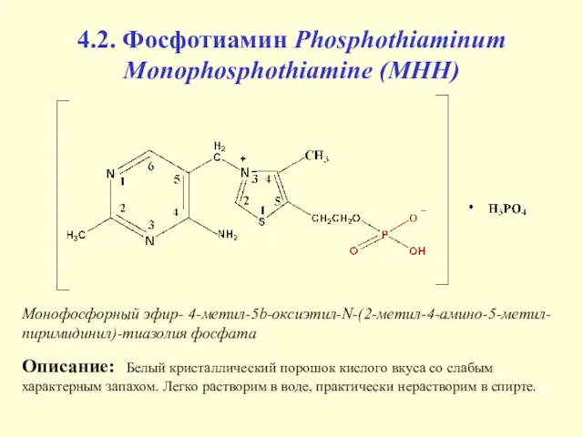 4.2. Фосфотиамин Phosphothiaminum Monophosphothiamine (МНН) Монофосфорный эфир- 4-метил-5b-оксиэтил-N-(2-метил-4-амино-5-метил-пиримидинил)-тиазолия фосфата Описание: Белый кристаллический