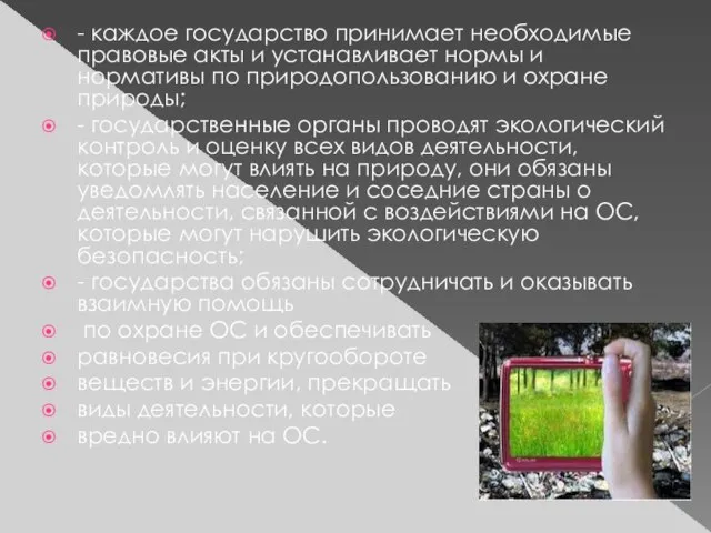 - каждое государство принимает необходимые правовые акты и устанавливает нормы и нормативы