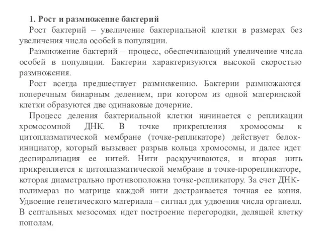 1. Рост и размножение бактерий Рост бактерий – увеличение бактериальной клетки в