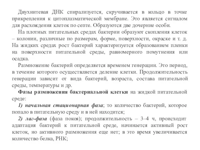 Двухнитевая ДНК спирализуется, скручивается в кольцо в точке прикрепления к цитоплазматической мембране.