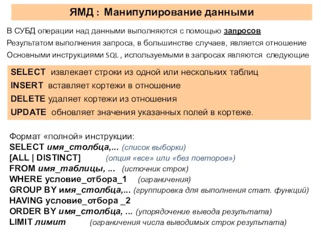 ЯМД : Манипулирование данными В СУБД операции над данными выполняются с помощью