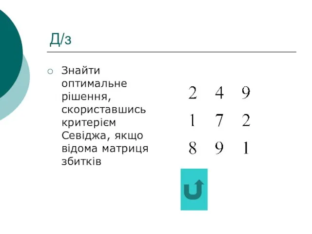 Д/з Знайти оптимальне рішення, скориставшись критерієм Севіджа, якщо відома матриця збитків