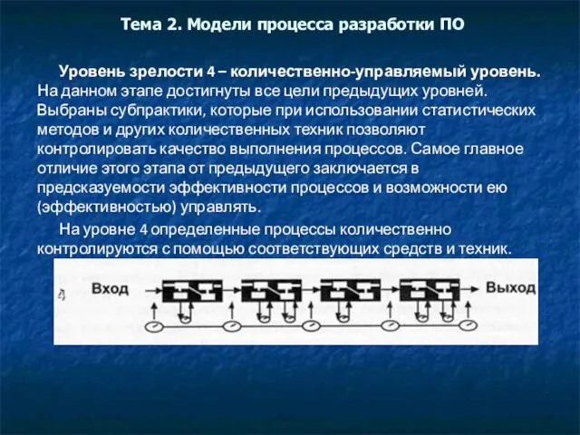 Тема 2. Модели процесса разработки ПО Уровень зрелости 4 – количественно-управляемый уровень.