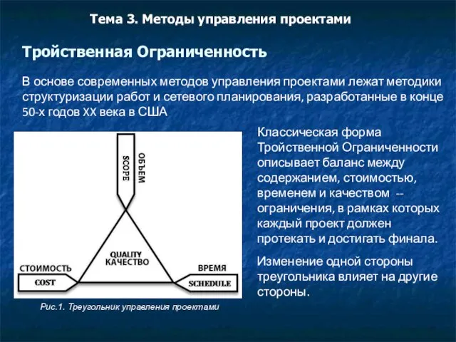 Тройственная Ограниченность Тема 3. Методы управления проектами В основе современных методов управления