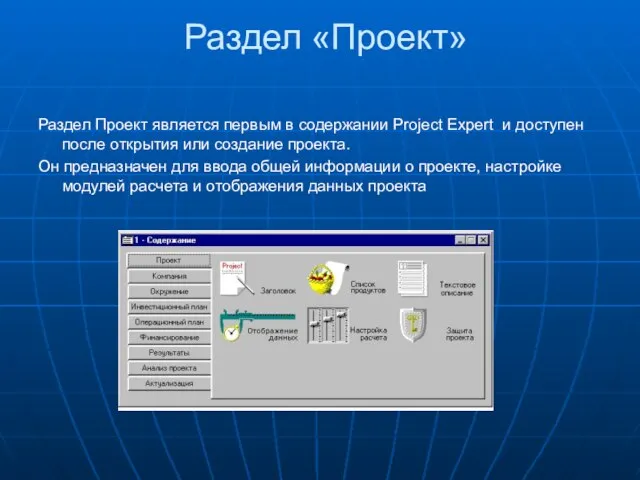 Раздел «Проект» Раздел Проект является первым в содержании Project Expert и доступен