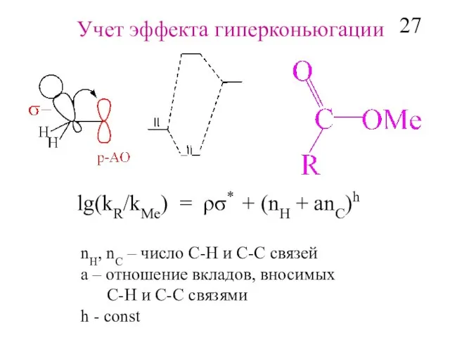 Учет эффекта гиперконьюгации lg(kR/kMe) = ρσ* + (nH + аnC)h nH, nC