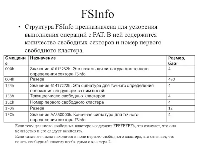 FSInfo Структура FSInfo предназначена для ускорения выполнения операций с FAT. В ней