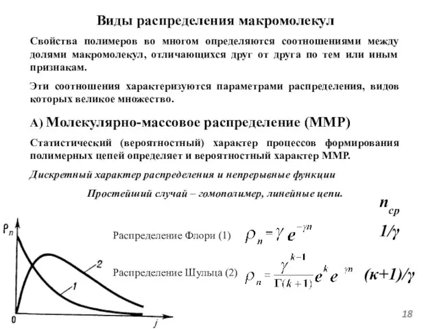 Виды распределения макромолекул Свойства полимеров во многом определяются соотношениями между долями макромолекул,