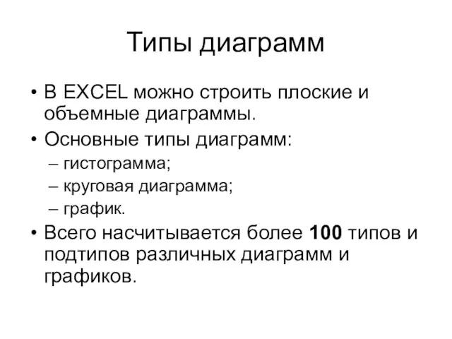 Типы диаграмм В EXCEL можно строить плоские и объемные диаграммы. Основные типы