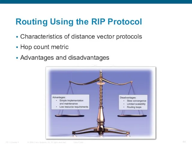 Routing Using the RIP Protocol Characteristics of distance vector protocols Hop count metric Advantages and disadvantages