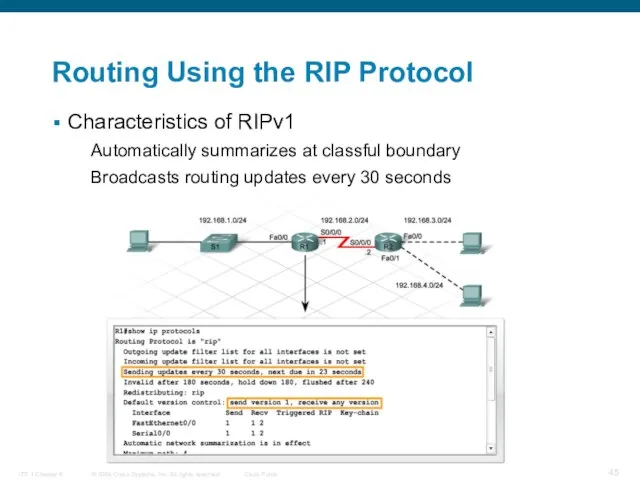 Routing Using the RIP Protocol Characteristics of RIPv1 Automatically summarizes at classful