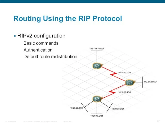 Routing Using the RIP Protocol RIPv2 configuration Basic commands Authentication Default route redistribution