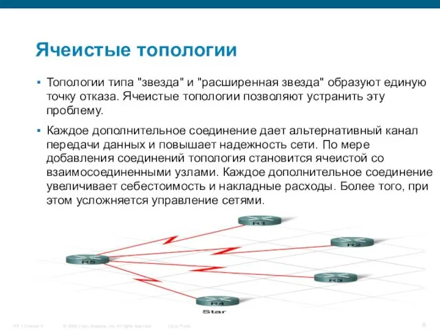 Ячеистые топологии Топологии типа "звезда" и "расширенная звезда" образуют единую точку отказа.