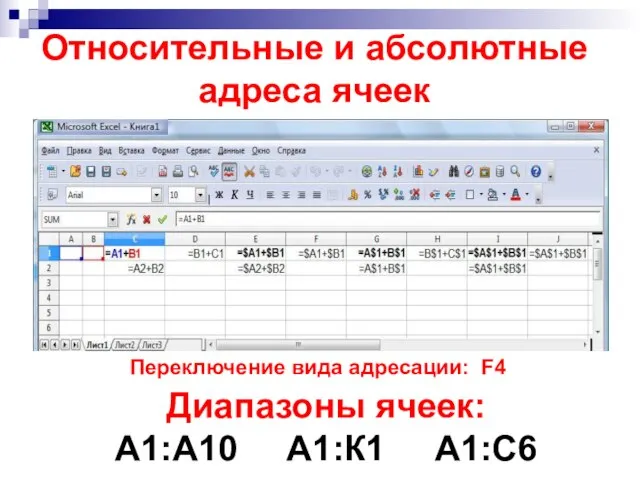 Относительные и абсолютные адреса ячеек Диапазоны ячеек: А1:А10 А1:К1 А1:С6 Переключение вида адресации: F4