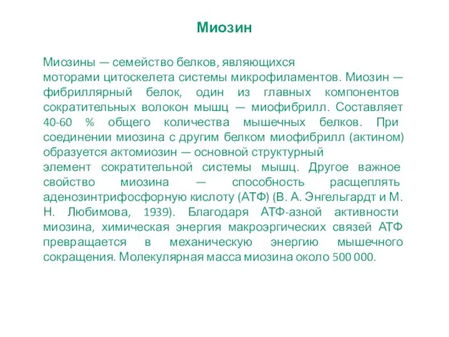 Миозин Миозины — семейство белков, являющихся моторами цитоскелета системы микрофиламентов. Миозин —