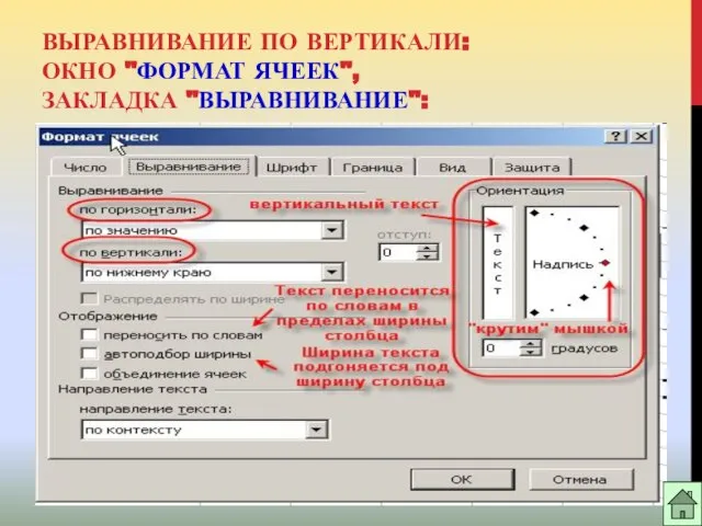 ВЫРАВНИВАНИЕ ПО ВЕРТИКАЛИ: ОКНО "ФОРМАТ ЯЧЕЕК", ЗАКЛАДКА "ВЫРАВНИВАНИЕ":