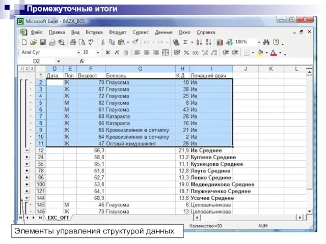 Промежуточные итоги Элементы управления структурой данных