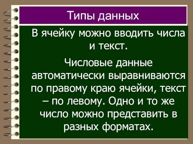 Типы данных В ячейку можно вводить числа и текст. Числовые данные автоматически