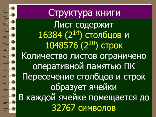 Структура книги Лист содержит 16384 (214) столбцов и 1048576 (220) строк Количество