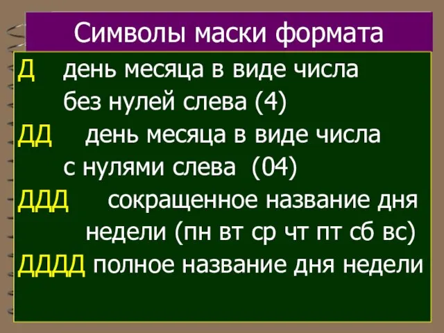 Символы маски формата Д день месяца в виде числа без нулей слева