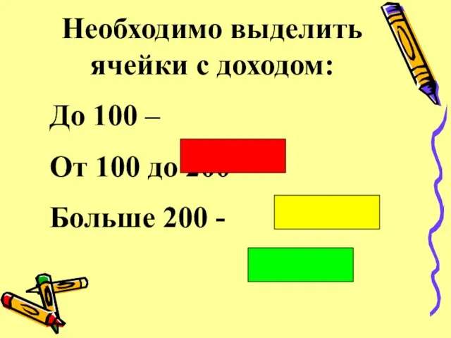 Необходимо выделить ячейки с доходом: До 100 – От 100 до 200 – Больше 200 -