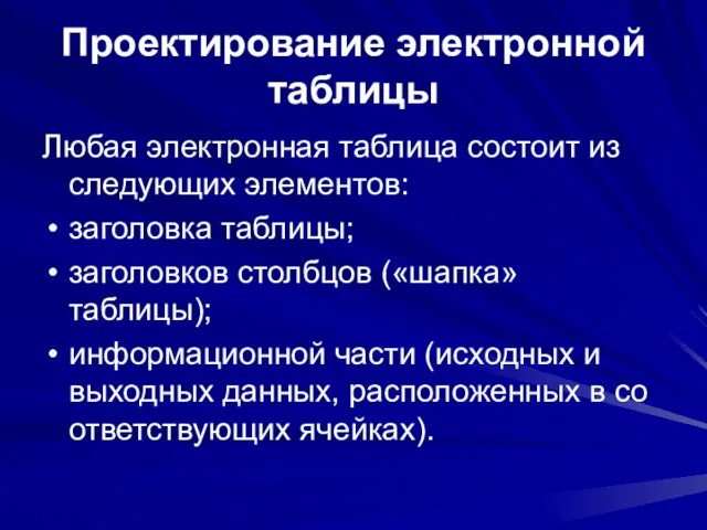 Проектирование электронной таблицы Любая электронная таблица состоит из следующих элементов: заголовка таблицы;