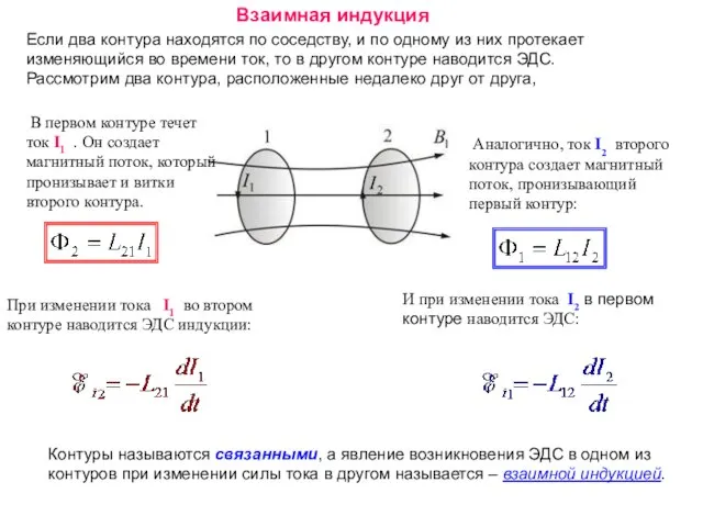 Взаимная индукция Если два контуpа находятся по соседству, и по одному из