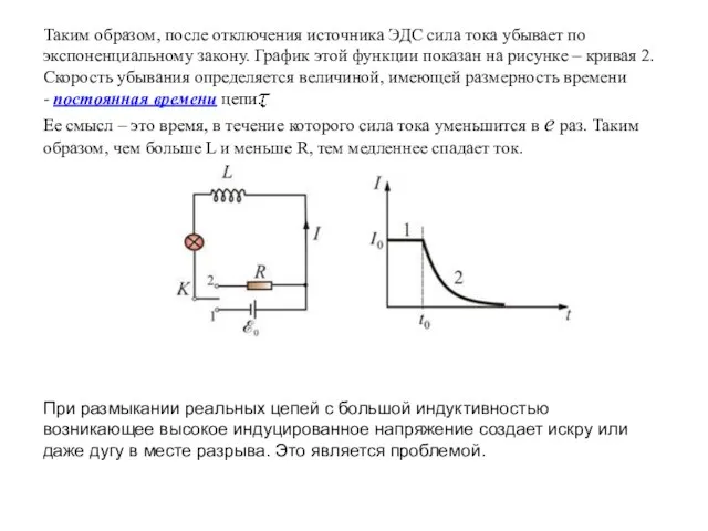 Таким образом, после отключения источника ЭДС сила тока убывает по экспоненциальному закону.