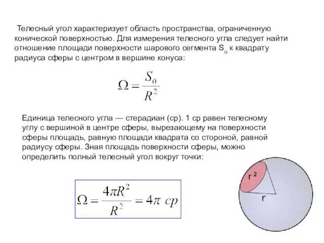 Телесный угол характеризует область пространства, ограниченную конической поверхностью. Для измерения телесного угла