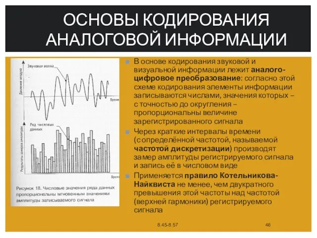 ОСНОВЫ КОДИРОВАНИЯ АНАЛОГОВОЙ ИНФОРМАЦИИ В основе кодирования звуковой и визуальной информации лежит