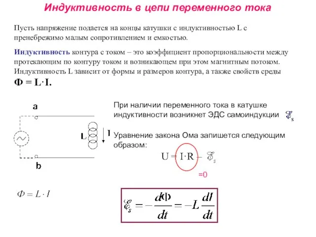 Индуктивность в цепи переменного тока Пусть напряжение подается на концы катушки с