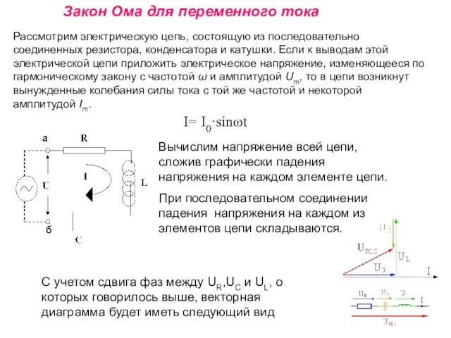 Закон Ома для переменного тока Рассмотрим электрическую цепь, состоящую из последовательно соединенных