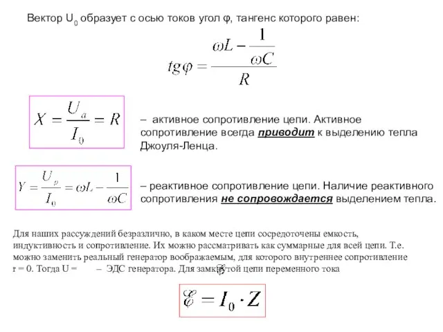 Вектор U0 образует с осью токов угол φ, тангенс которого равен: –