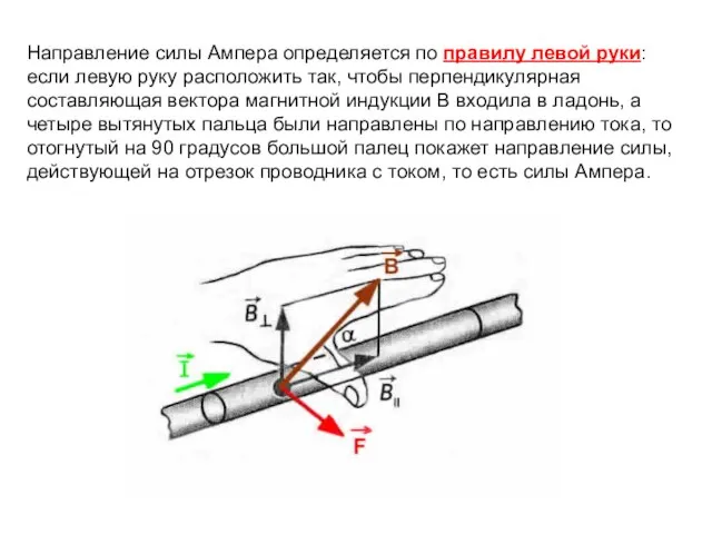 Направление силы Ампера определяется по правилу левой руки: если левую руку расположить