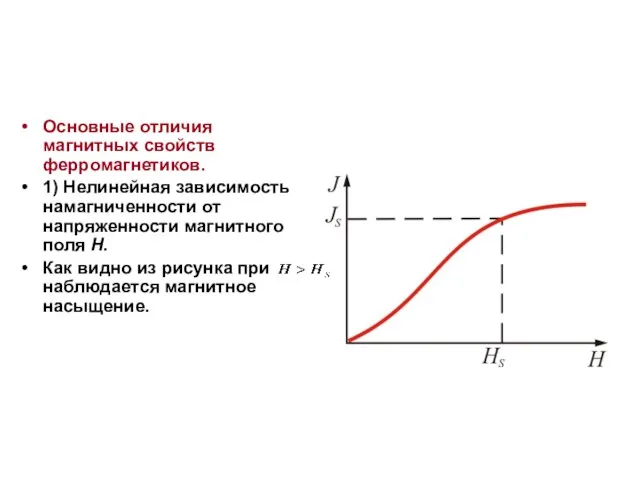 Основные отличия магнитных свойств ферромагнетиков. 1) Нелинейная зависимость намагниченности от напряженности магнитного