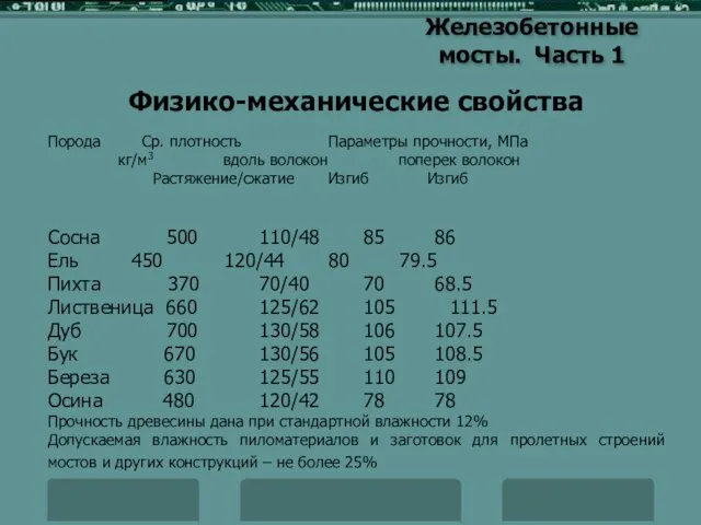 Железобетонные мосты. Часть 1 Физико-механические свойства Порода Ср. плотность Параметры прочности, МПа