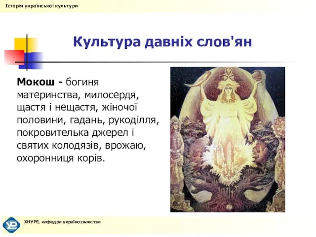 Культура давніх слов'ян Мокош - богиня материнства, милосердя, щастя і нещастя, жіночої