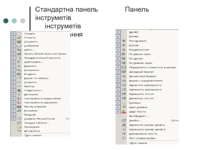 Стандартна панель Панель інструметів інструметів форматування