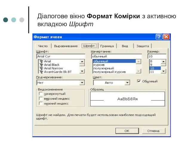 Діалогове вікно Формат Комірки з активною вкладкою Шрифт